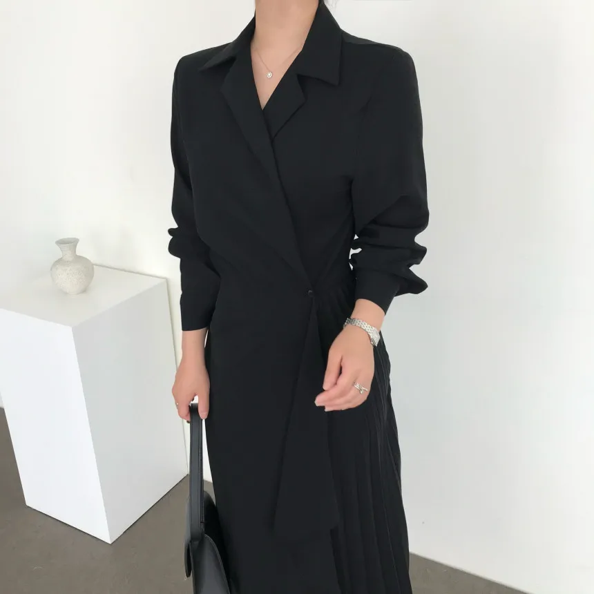 

Korean Stylish Asymmetrical Pleated Long Dress Women Notched Collar Full Sleeve Dresses Office Fashion Ladies Vestidos Femme