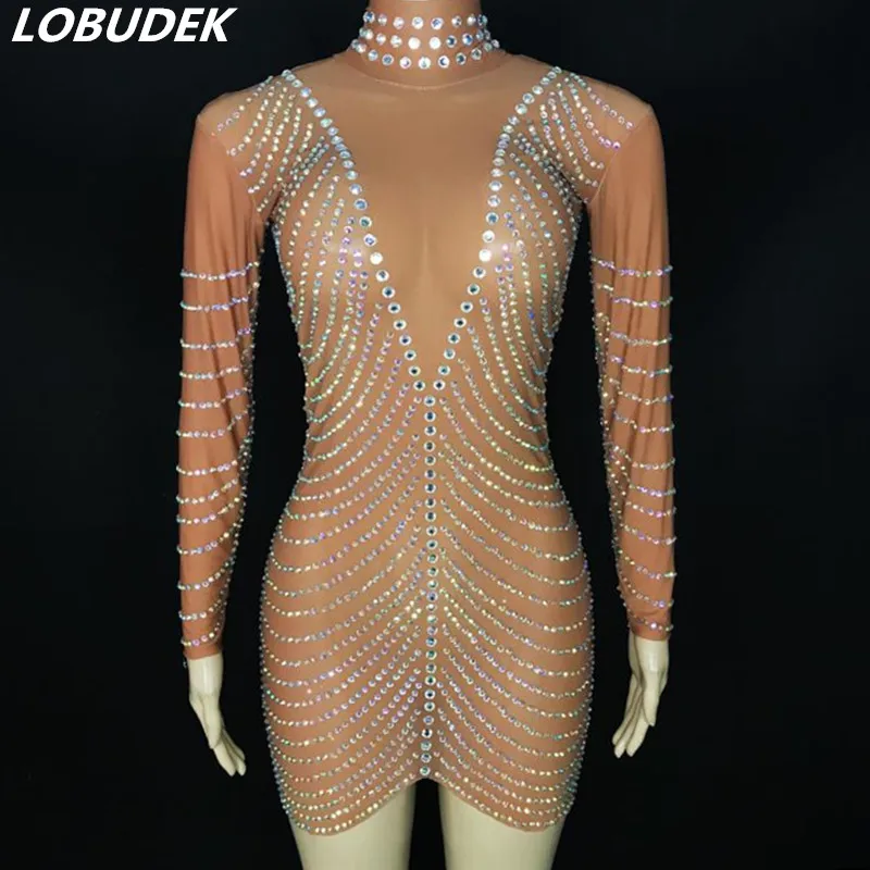 

Вечеринка торжества Выходные туфли на выпускной роскошный костюм серебристый стразы на сетчатой основе прозрачный короткое платье; ночной клуб бар певица одежда для сцены