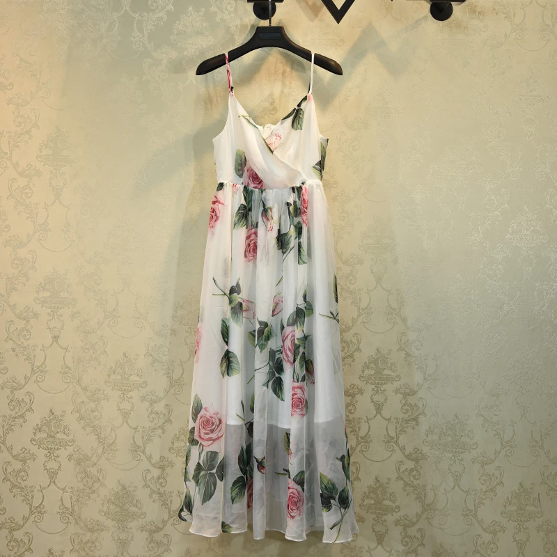 

Luxury Designer Brand Dress for Women V Neck Spaghetti Strap Rose Printed Dress
