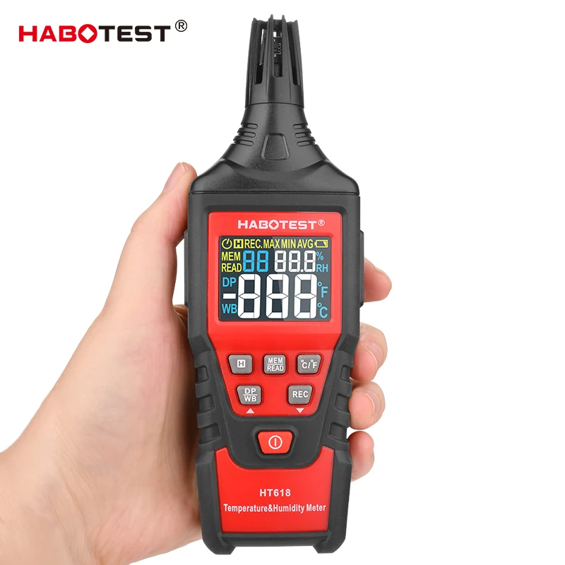 

HT618 Digital Temperature Humidity Meter LCD Color Display Weather Station Pyrometer Wet Bulb Dew Point AVG Data Hold HABOTEST