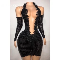 sexy black halter short prom dress appliques sequined birthday party dresses african mini cocktail gown see through custom made
