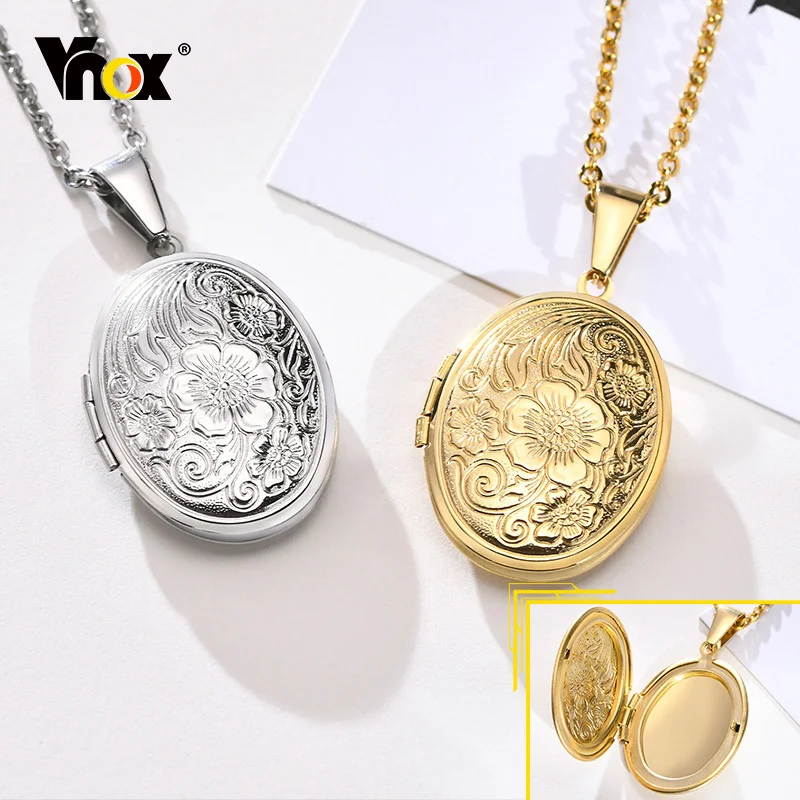 

Vnox Monogram Floral Oval Heart Locket Pendant Necklaces for Women Men, Stainless Steel Photo Frame Promise Love Keepsake Collar