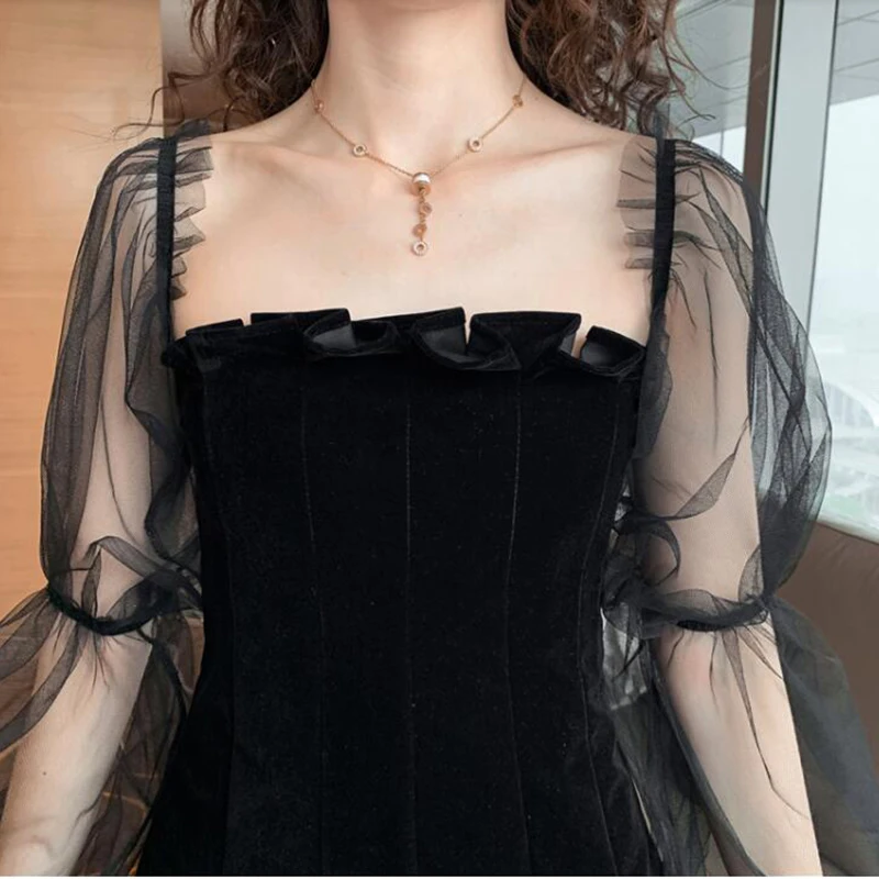 

Spring 2021 Gothic Sexy Harajuku Black Women Mini Dresses Sexy Club Punk Mesh Puff Sleeve Female Dress Off Shoulder
