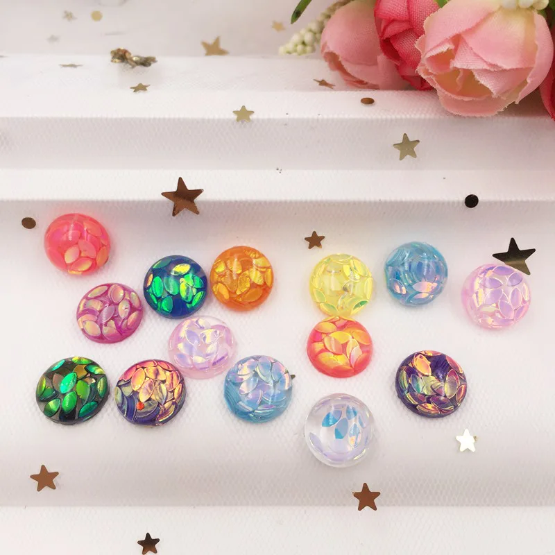 

400Pcs Resin Horse Eye Glitter Paillette Filled 12mm Round Flat Back Cabochon Rhinestone Beads OG24*10