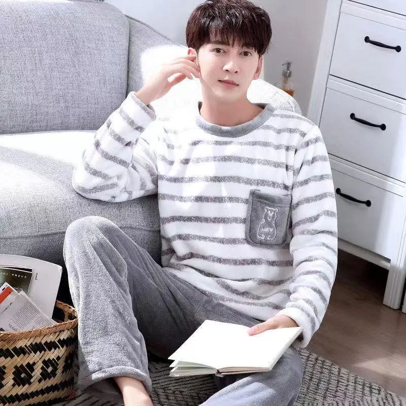 

Men's Winter Thick Warm Flannel Pajama Sets 2Piece/Sets Coral Velvet Sleepwear Round Neck Plus Size Long Sleeve Pijama Male
