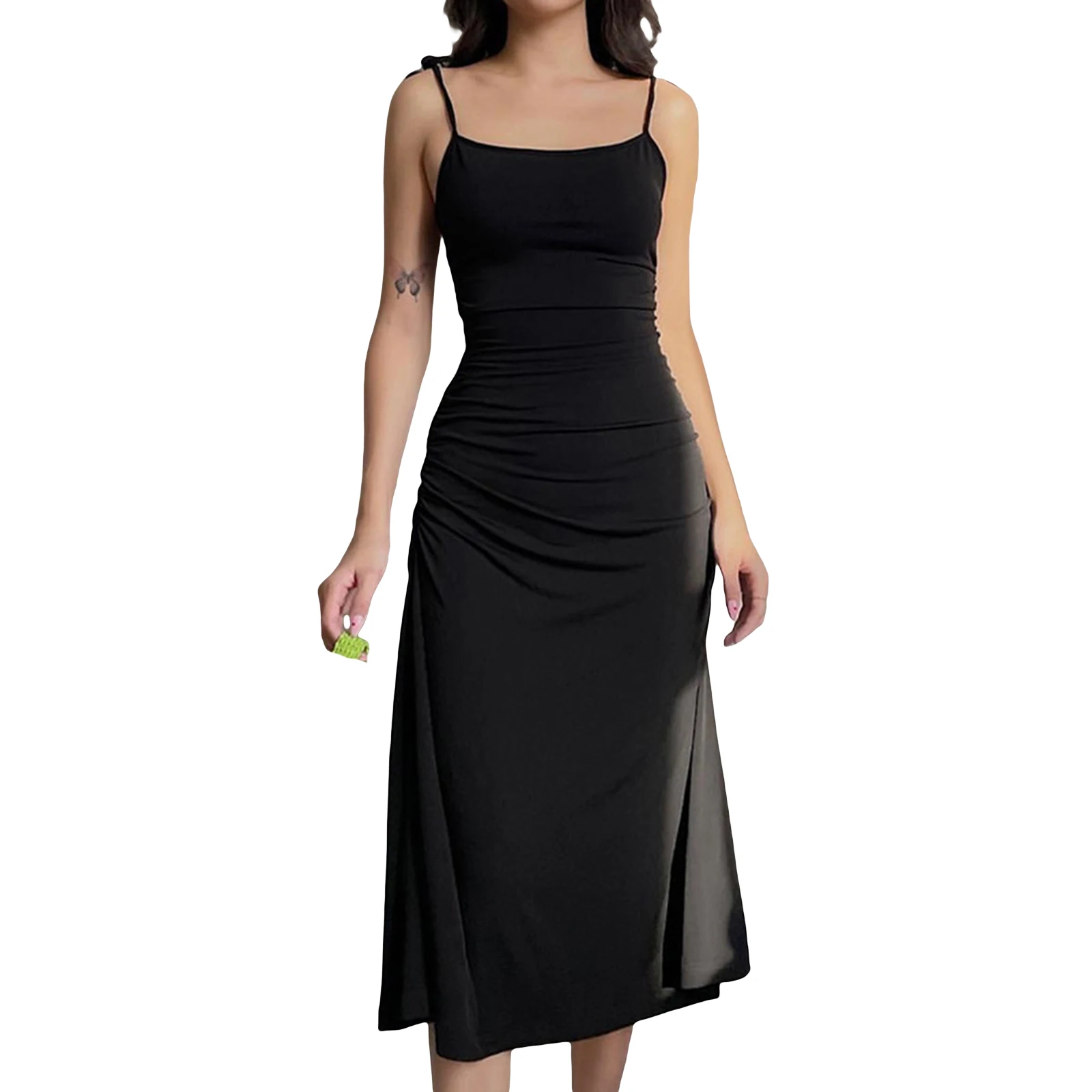 

Y2K women's simple solid color thin shoulder strap sleeveless suspender dress fashion and elegant open back A-line long skirt /F
