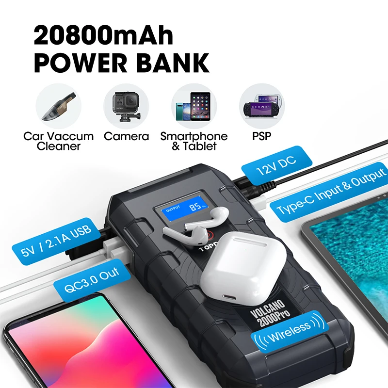 Автомобильное пусковое устройство Topdon 2000A V2000 Pro 20800 мАч автомобильное внешний