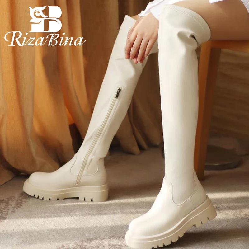 

RIZABINA Size 33-43 Women Real Leather Over The Knee Boots Flat Heels Daily Fashion Ins Style Long Boot Ladies Footwear