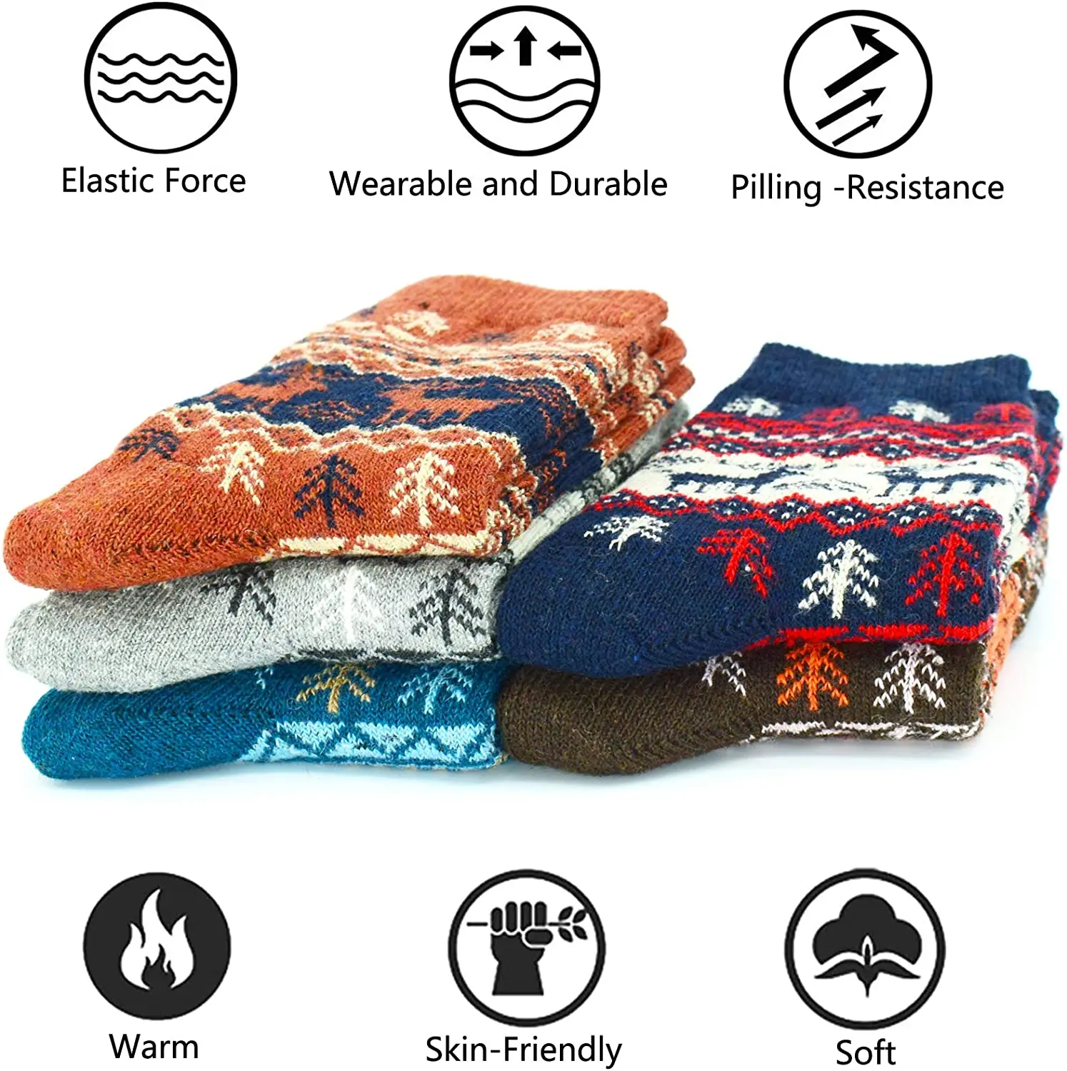 Womens Wool Socks Winter Warm Thick Hiking Boot Thermal Cozy Crew Elk Pattern Soft Socks for Cold Weather 5 Pairs