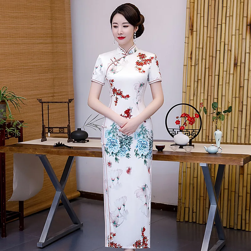 Атласное стильное пикантное традиционное китайское платье Ципао в стиле с