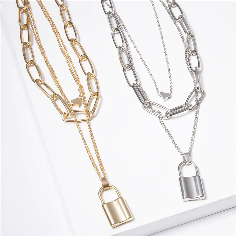 European and American Exaggerated Thick Chain Hip-Hop Retro Multi-layer Geometric Lock-Shaped Love Necklace Sexy Ladys 2021 | Украшения и