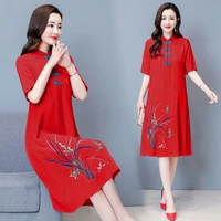 2021 m 4xl plus size vintage red embroidery chinese traditional qipao casual party women midi dress summer cheongsam dresses