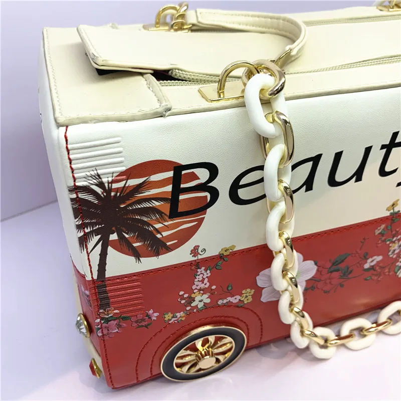 

High quality new bus style women's handbag cartoon printed leather bag truck bag fashion chain leather bag women's party bag PU