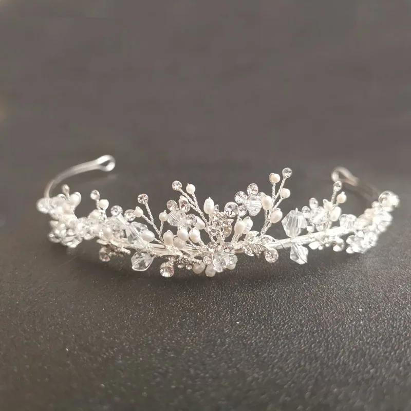 

SLBRIDAL Handmade Rhinestones Crystal Freshwater Pearls Wedding Tiara Bridal Crown Princess Women Headpiece Hair accessories