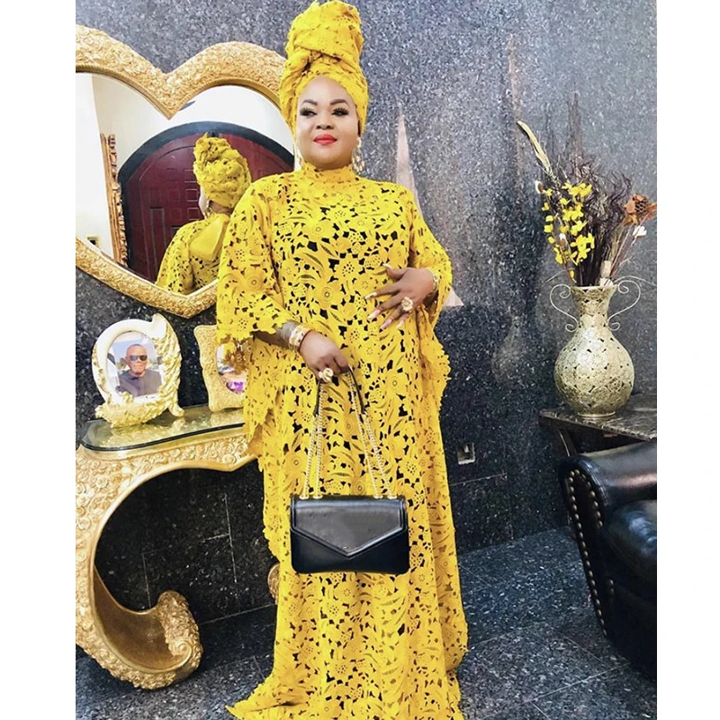 

2021 New Africa Lace Dress Women Ankara Dashiki Maxi Dress Boubou Africain Femme Ladies Clothes Plus Size Dresses Turban Set