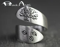black angel fashion vintage 925 silver hand brushed winding tree leaf female resizable ring jewelry tree of life ring for women