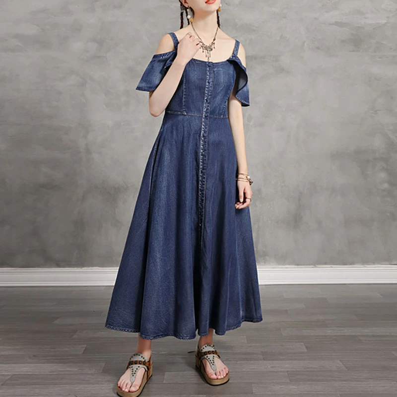 

SeeBeautiful Vintage Sling Denim Dress Female Expose Shoulder Short Sleeve Stitch Loose A-line Thin Spring 2021 New Fashion L216