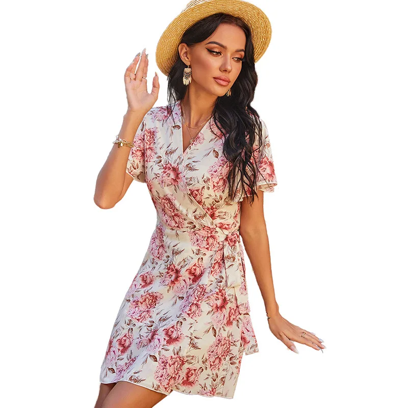 

2021 dress summer V-Neck Print A-Line bandage women boho long maxi dress Vintage Knee-Length Beach Style