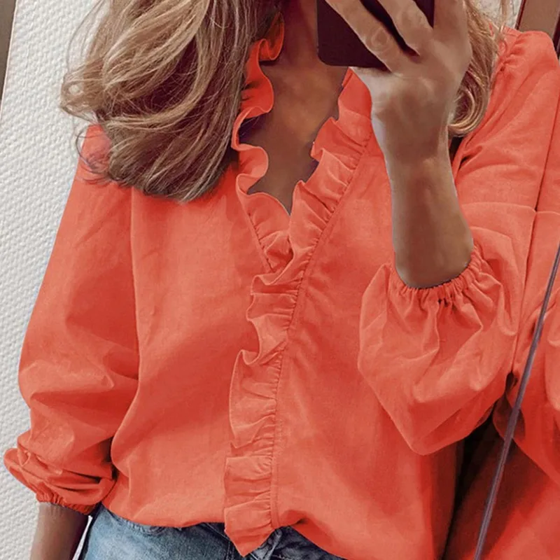 

New Ruffled Neck Ladies Shirts Casual Lantern Sleeves Streetwear Spring Summer Female Blouse Soft Solid Fashion Shirts