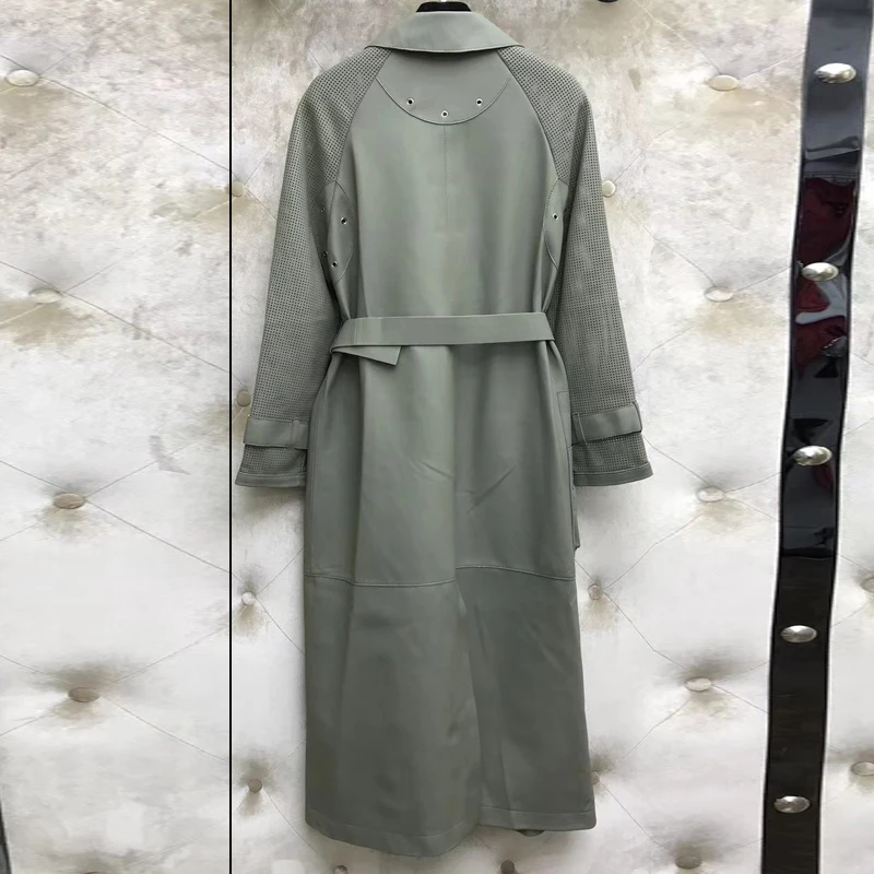 Тренч из натуральной кожи женское модное пальто овчины с поясом новый длинный