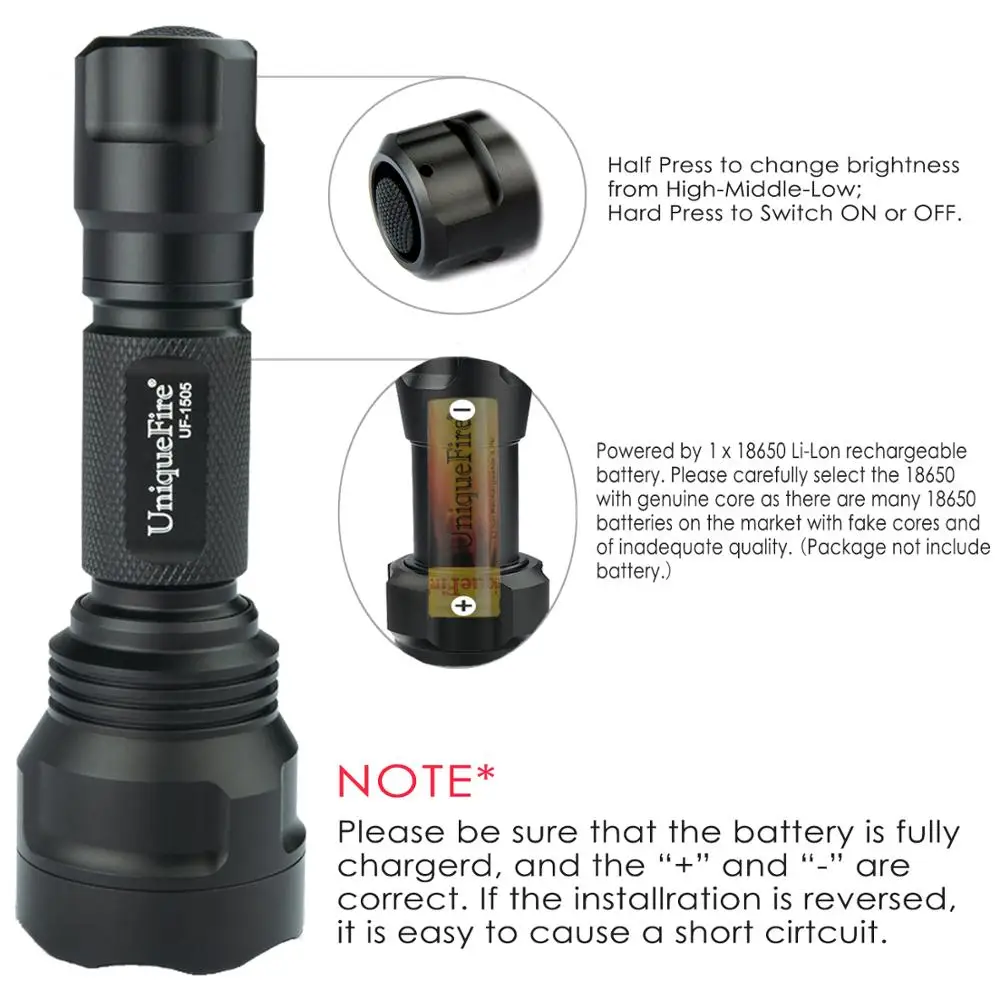UniqueFire 1505 IR 940nm Zooming Night Vision Flashlight Invisible Light Torch with USB One-Slot Charger For Hunting | Освещение
