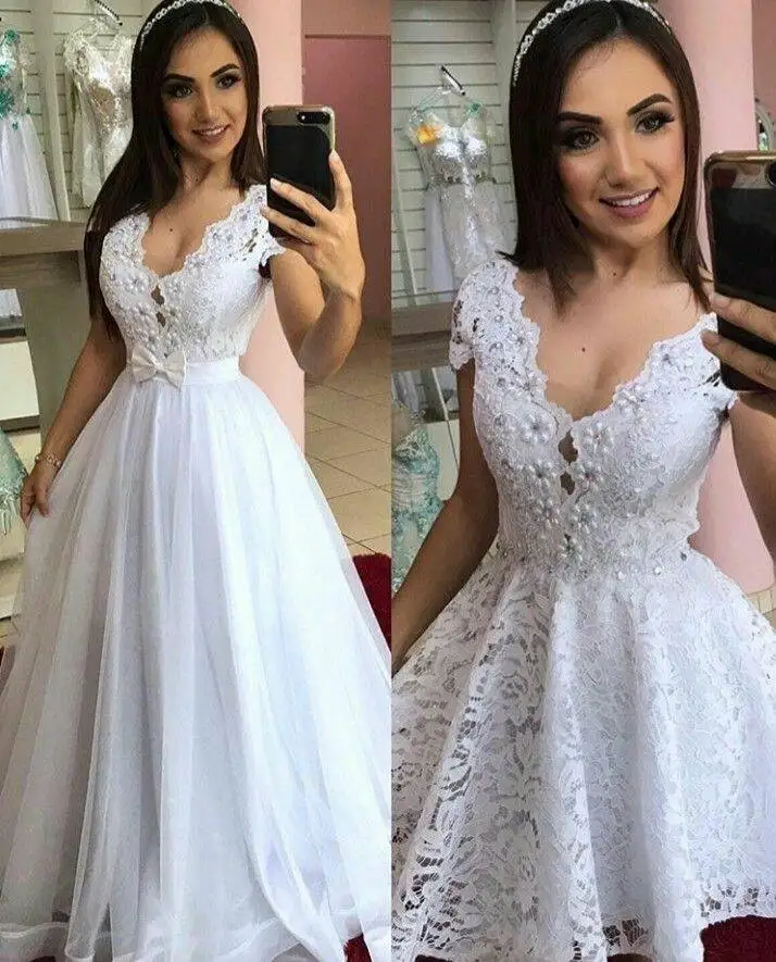 

Verngo Lace Short 2 in 1 Wedding Dress Detachable Organza Overskirt Pearls V Neck Cap Sleeves Bow Bride Receiption Party Gowns