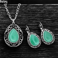 flower drop pendant natural jades quartz necklace earrings set for women antique silver plated stone fashion jewelry sets