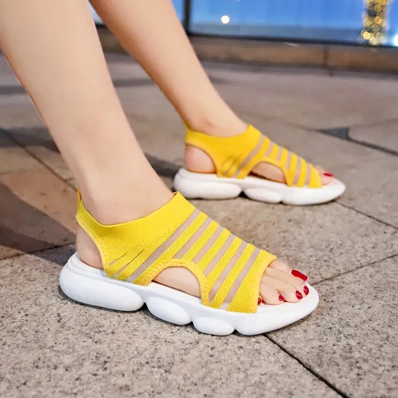 

2021Summer New Comfort Peep Toe Beach Shoes Retro Flying knit Sports Sandals Stretch Fabric Mesh Hollow Platform Casual Shoes