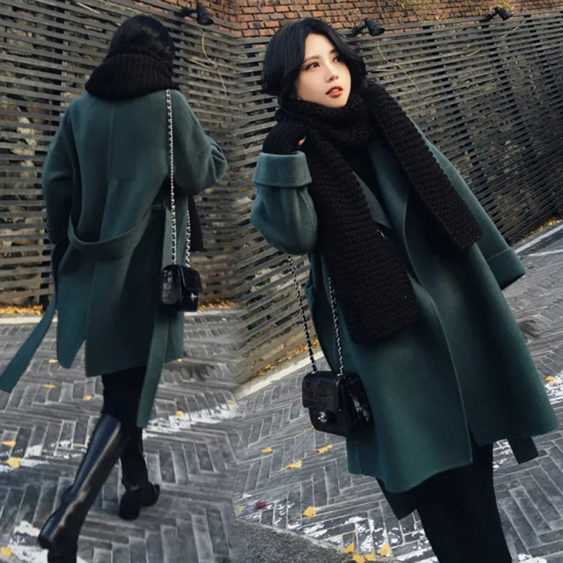 Модное плотное зимнее пальто YASUGUOJI женское модное зеленое длинное шерстяное с