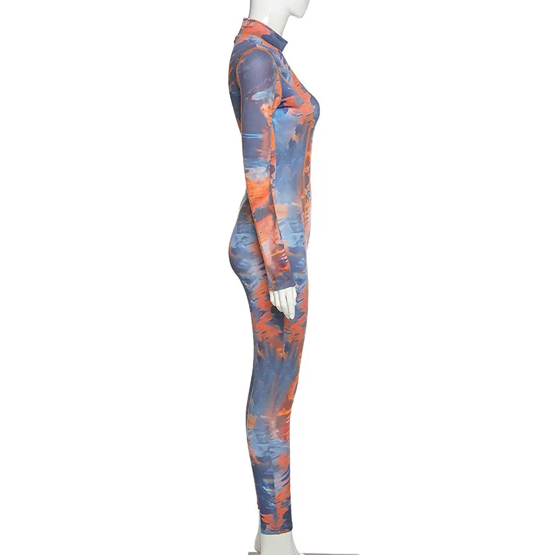 

CHRONSTYLETie Dyeing Print Patchwork Fitness Jumpsuits Fashion Autumn 2021 Sporty Active Wear Rompers Women Rompers One-piece