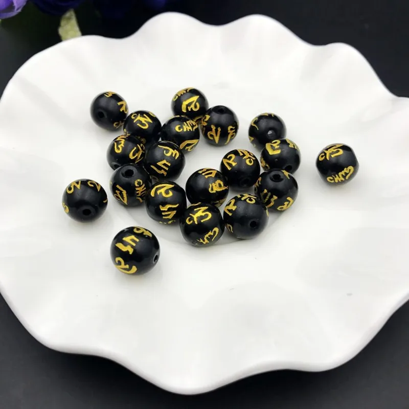 

Бусины из акрилового обсидиана, 8/10/12/14 мм, на санскрите, россыпью для самостоятельного изготовления ювелирных изделий, аксессуары для брасл...