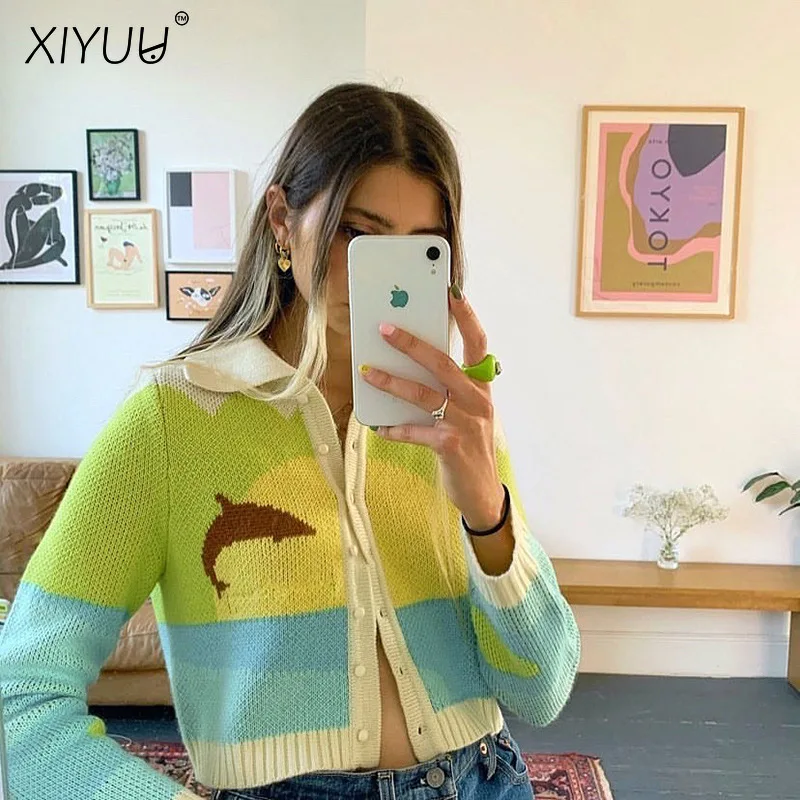 

XIYUU Women Summer Fashion Top French Style Sunshine Short Knitted Sweater Chic Lady Fashion Single Breasted Loose Cardigans