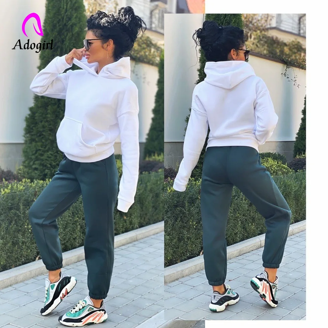 Теплый плотный флисовый Женский комплект из 2 предметов однотонные толстовки