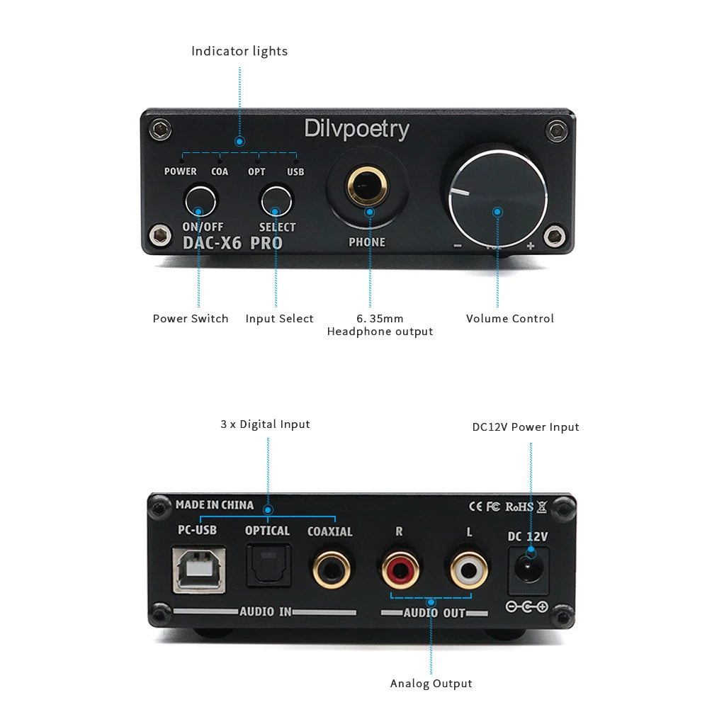 Dilvpoetry DAC-X6 pro усилитель для наушников dac Мини HIFI USB DAC декодер TPA6120A2 USB коаксиальный оптический выход RCA OPA2134 AMP