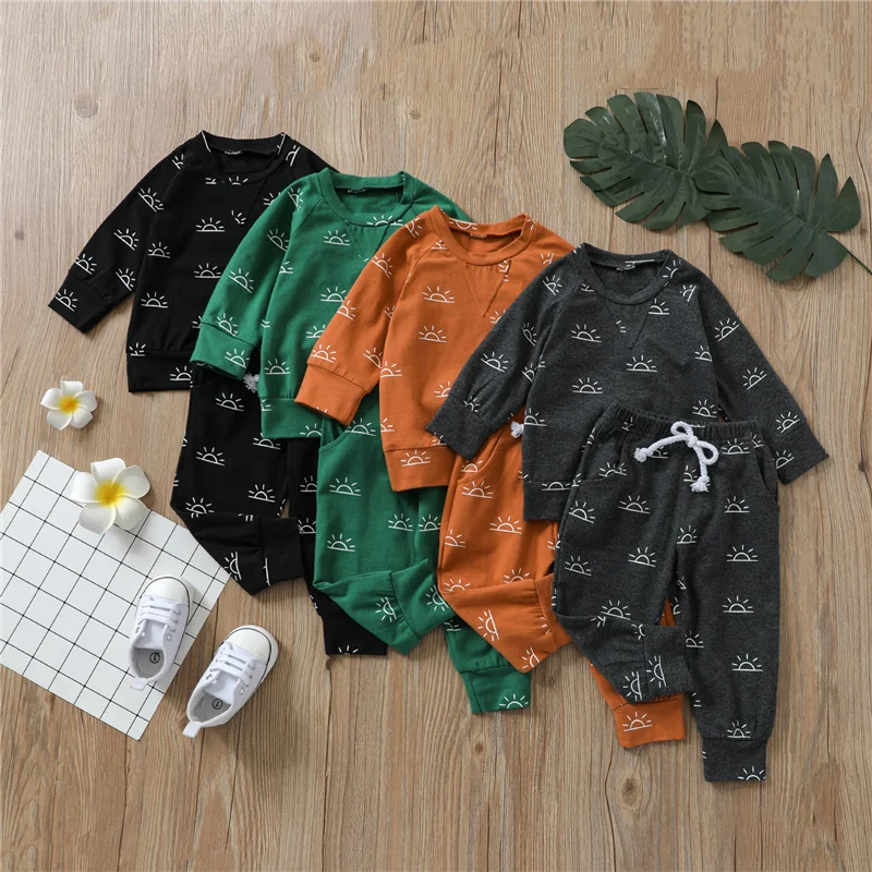 

Повседневный хлопковый комплект одежды для девочек, пуловер с длинным рукавом и принтом солнца и брюки с эластичным поясом, 2 шт.