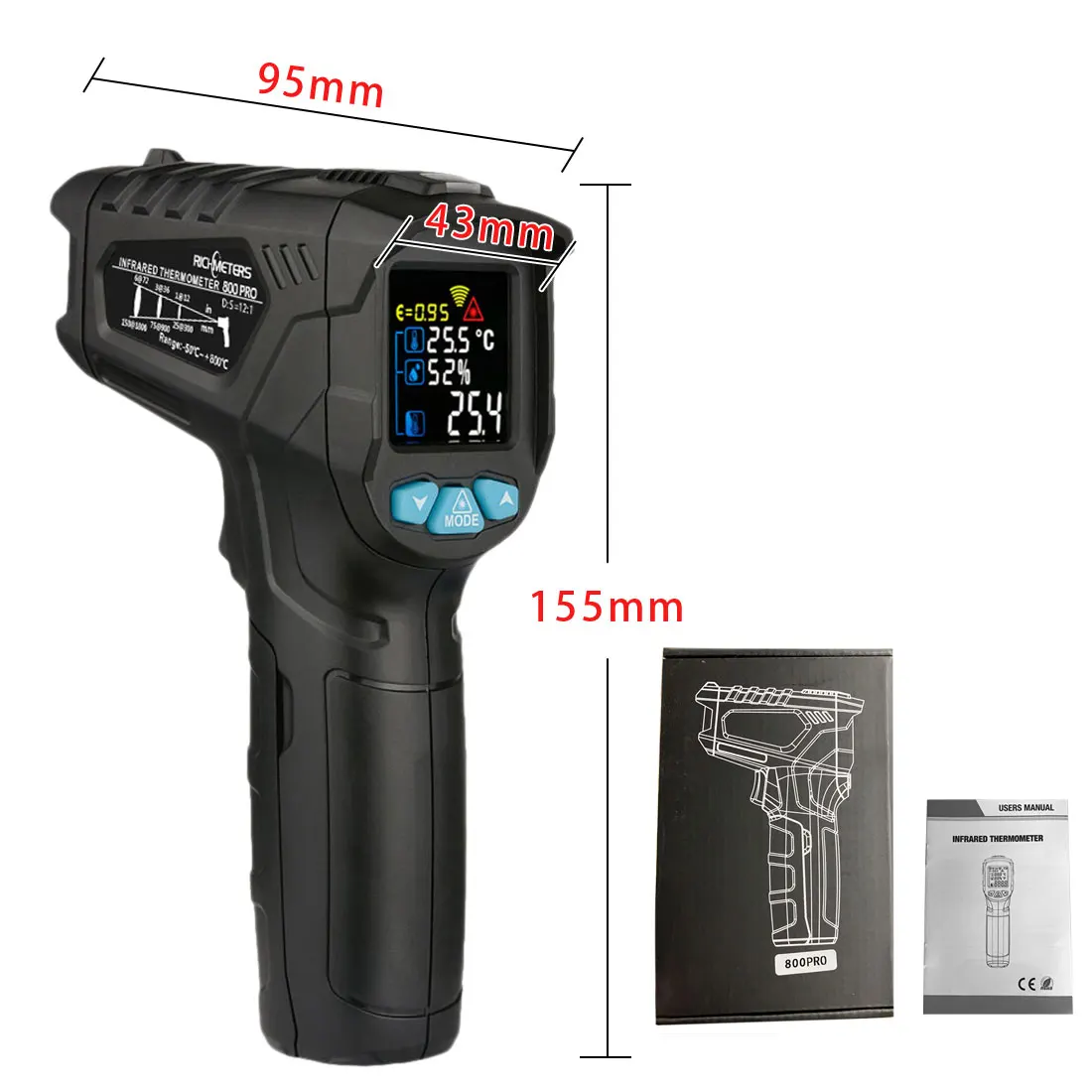 

-50~800 Non-contact IR Laser Pyrometer Hygrometer Industrial Digital Infrared Thermometer Infrarojo LCD Temperature Meter Gauge