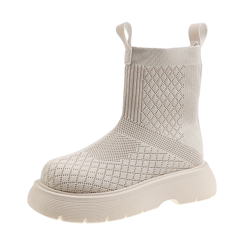 

Knit Ankle Booties Boots Women 2021 Autumn New Low Heel Short Tube Boots Woman Fashion Round Toe Slip-On Mesh Shoes Female Boot