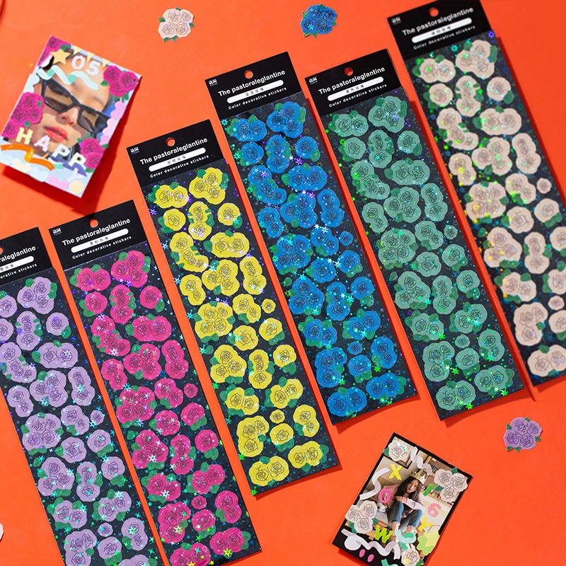 

6 Styles Laser Film Stickers Pastoral Rose Series Sequins Hand Account Decoration Stickers DIY Stationery Scrapbooking Stickers