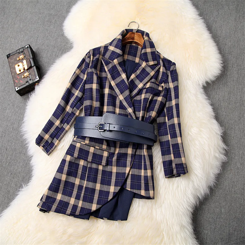 

2020 New Spring Designers Office Lady Skirt 2Piece Set Women Fashion Retro Plaid Print Blazer Suit Midi Tulle Skirt Suit Outfit