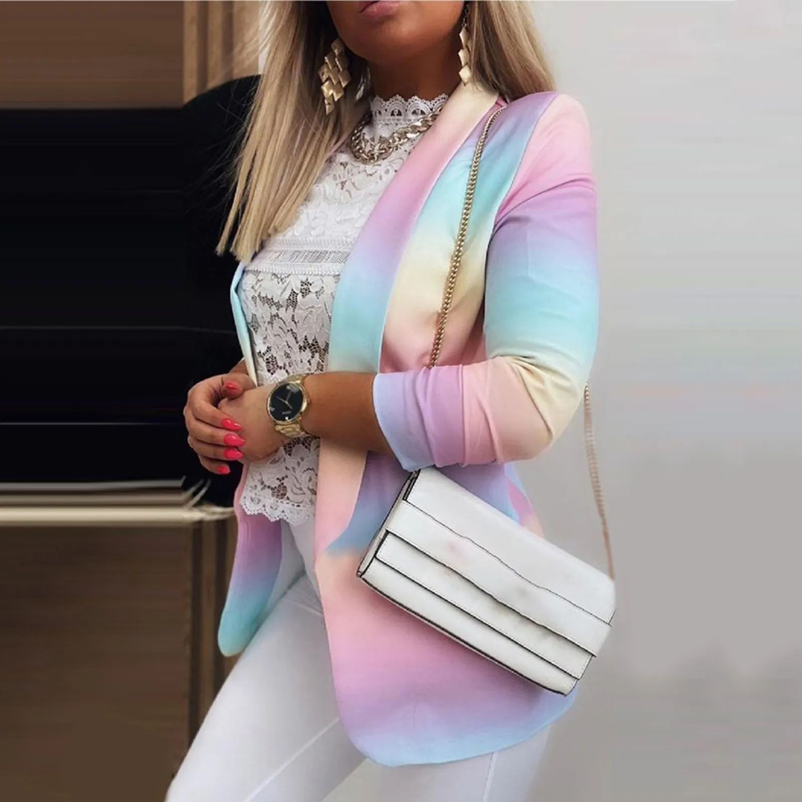 

New blazer Women Gradient Print Fashion Long Sleeve Notched Loose Casual Blazer Top Coat Ladies Office Business Cardigan Blazers