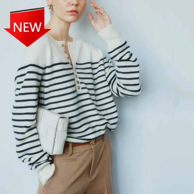 

sweater French half open collar buttoned horizontal striped cardigan long-sleeved pullover lazy knit Women's round neck cashmere