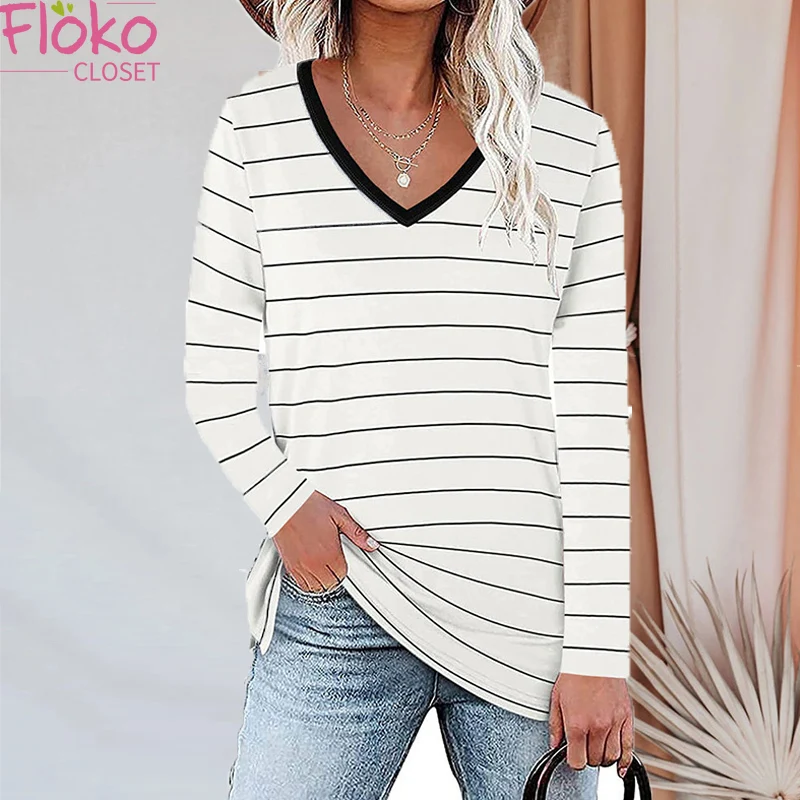 

Flokocloset Autumn Stripe Contrast V-Neck Long Sleeve T-shirt Causal Women spring Side Split Tops Tees