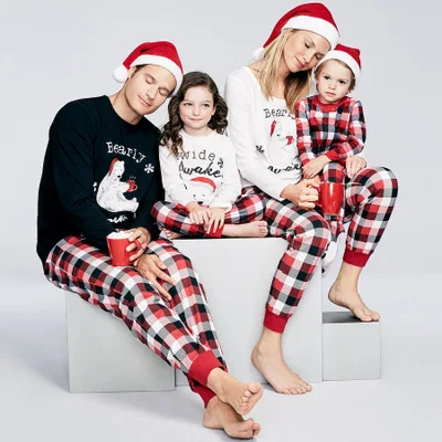 

Christmas Parent-child Set Home Pajamas Two-piece White Bear Long-sleeved Top + Plaid Pants Casual Sets Of Holiday Party Clothes