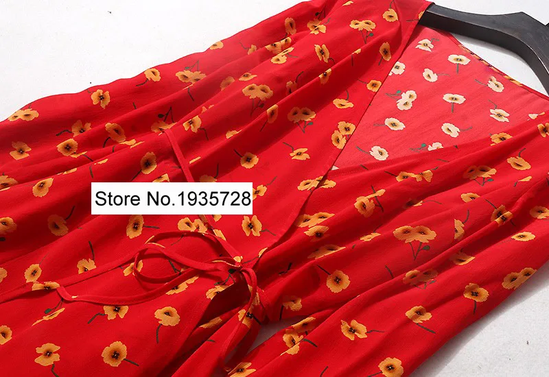 Шелковое красное платье-миди ElfStyle 100% с запахом V-образным вырезом и цветочным