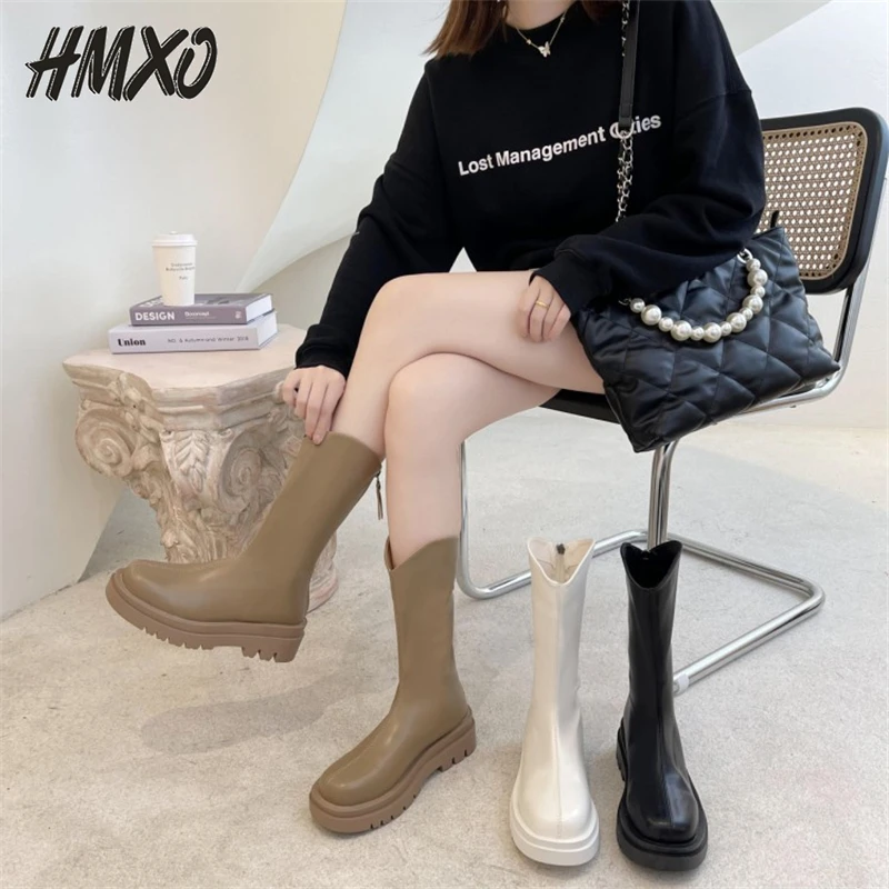 

HMXO Martin Boots Female British Style Round Toe Increased Thick Mid-tube Chelsea Boots Handsome Soft Leather Casual Women Boots