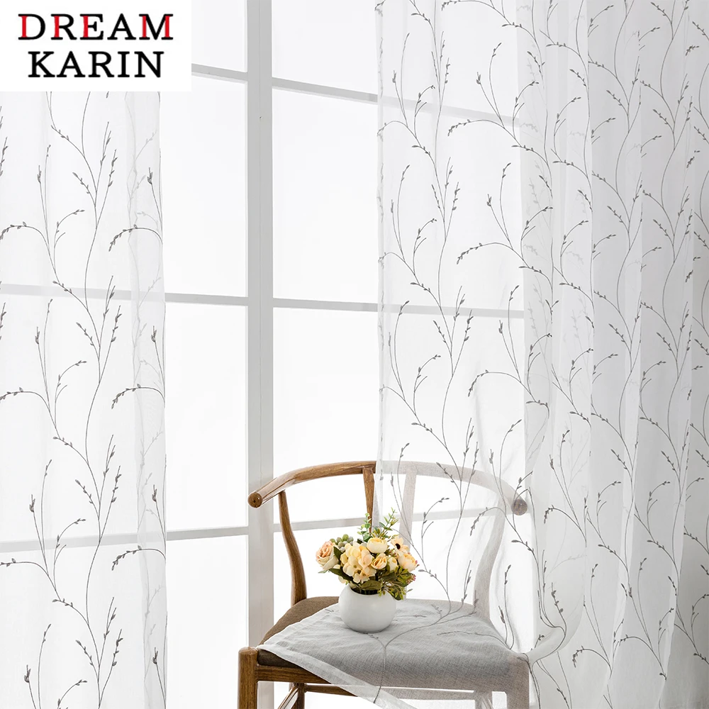 

DK Modern Tulle Embroidered Sheer Curtain for Living Room Bedroom Kitchen Window Treatment Voile Drapes for Home Decoration