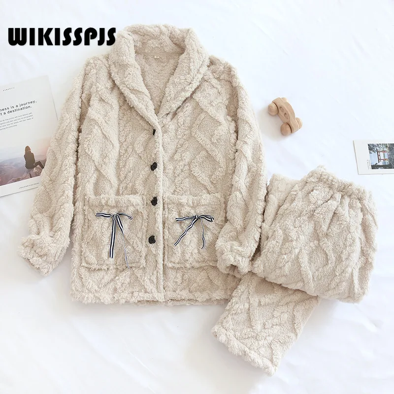 

WIKISSPJS Winter Thickened Pajamas Women Suit Long Lapel Flannel Home Clothes Loungewear Sleepwear Lounge Set Pjs Sleep Tops
