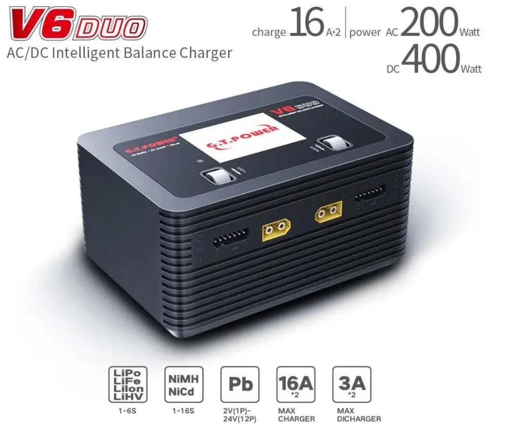 G.T. Power V6 DUO AC 200 Вт DC 400 Вт 16A x 2 двойное выходное балансирующее зарядное устройство AC 100-240 В вход для 1-6S LiPo батареи модели RC игрушки