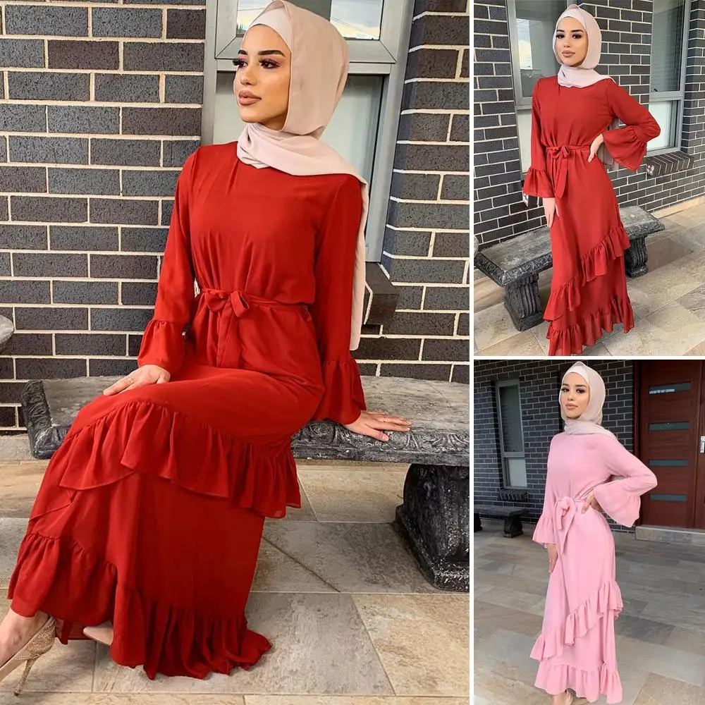 

Elegant Women Ruffle Long Maxi Dress Abaya Dubai Kaftan Islamic Jilbab Robe Gown Arab Dubai Dresses Draped Design Flare Sleeve