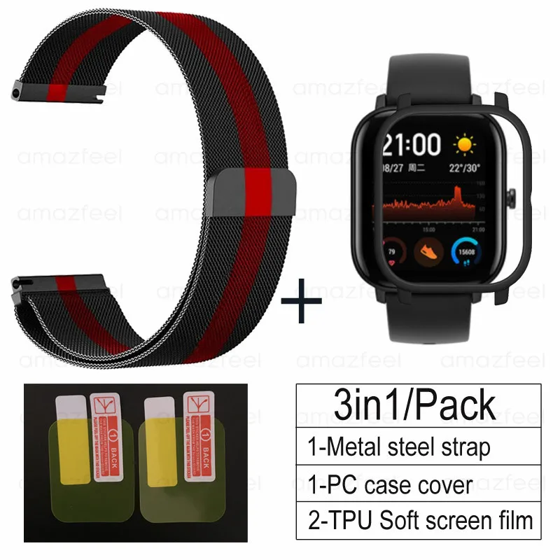 black red-black 3 в 1 Аксессуары для Amazfit GTS ремешок с чехол металлический Миланский Браслет для Huami Amazfit GTS Band Защитная пленка для экрана - Цвет: black red-black